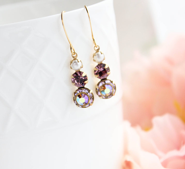 Vintage Glass Earrings -Three Jewel - Violet Purple