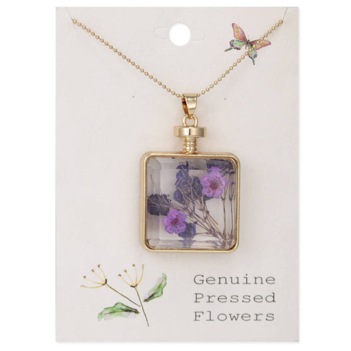 Faux Bottle Purple Dried Flower Gold Necklace