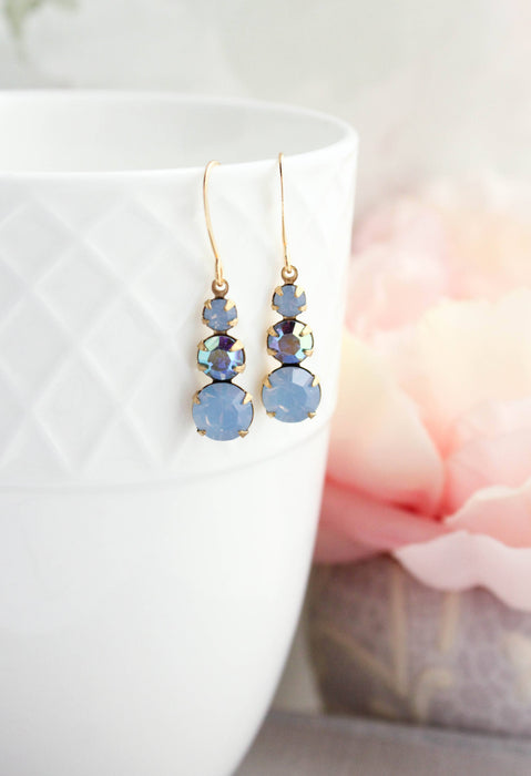 Vintage Glass Earrings -Three Jewel - Shades of Blue