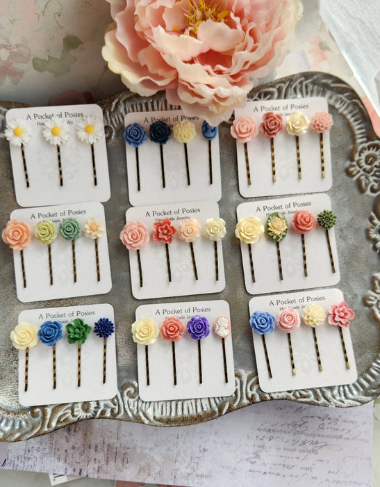 Flower Bobby Pins | Rose Hair Pins | Dusty Rose and Green