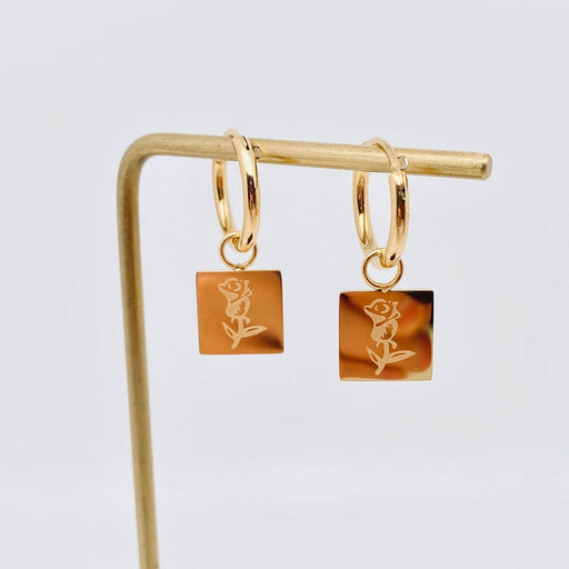 Rose Square Charm 18K Gold Plated Huggie Earrings - FGS