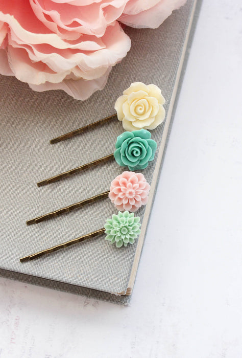 Floral Bobby Pins | Mint and Pastel Pink | Flower Hair Pins