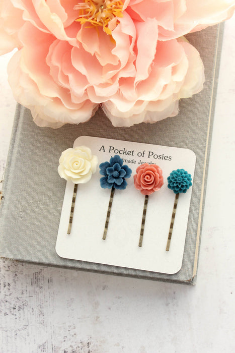 Flower Bobby Pins | Blue and Coral | Flowers for Hair