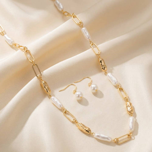 Pearl And Metallic Bar Chain Long Necklace Set