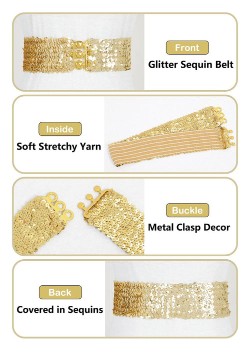 Women Glitter Sequin Belts Stretchy Sparkly Cinch Belt Disco