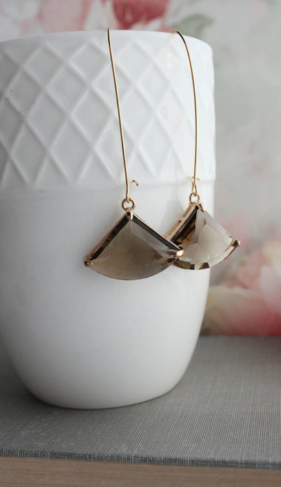 Large Brown Glass Earrings | Long Gold Earrings