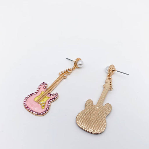 Pink Rhinestone Enamel Guitar Post Earrings - WJ