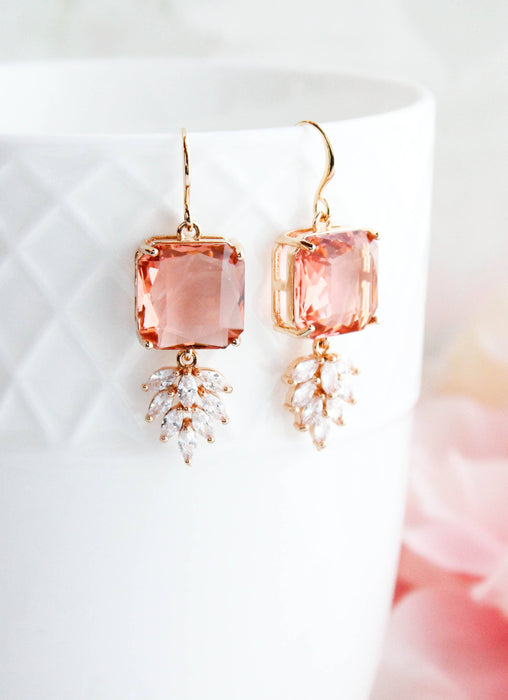 Art Deco Earrings | Square Jewel with Glass Leaf Drop