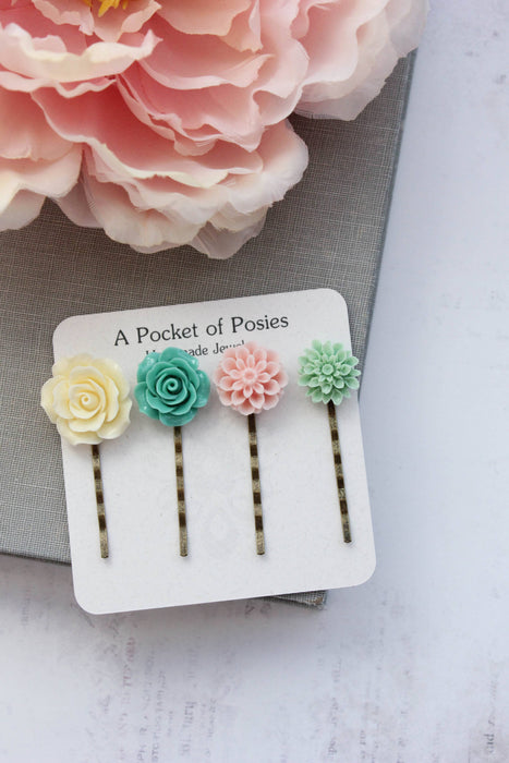 Floral Bobby Pins | Mint and Pastel Pink | Flower Hair Pins