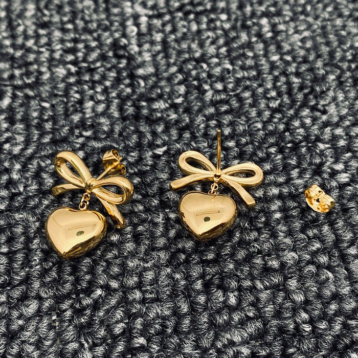 18K Gold Plated Heart Shape Charm Bow Post Earrings - FGS
