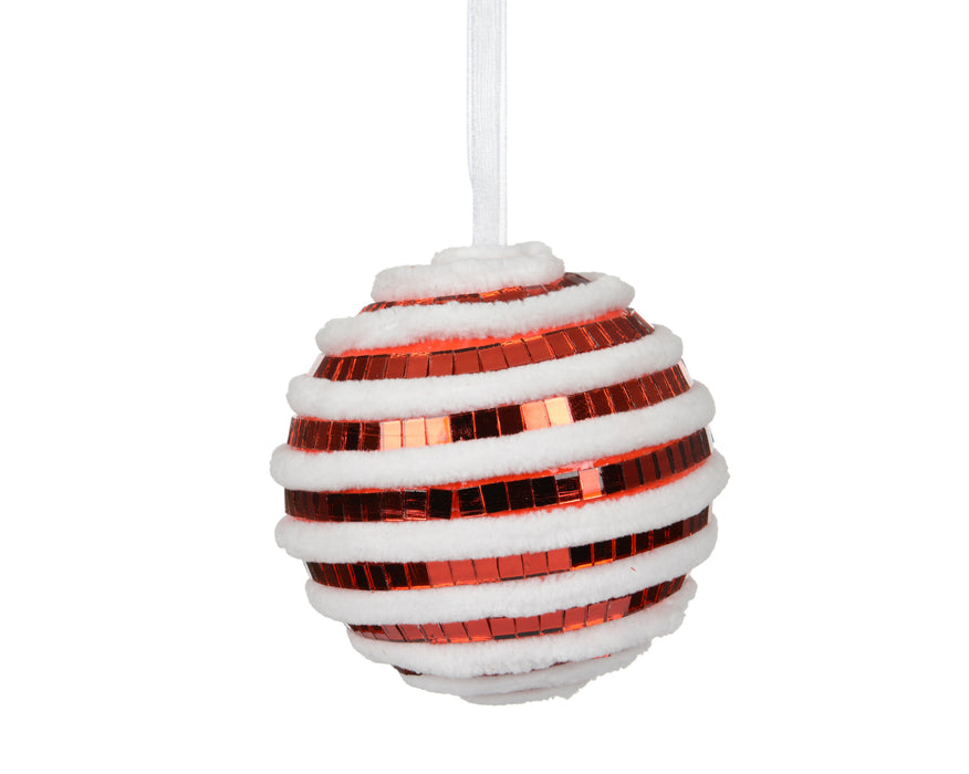 Orn Ball Mirror Red with White Snow