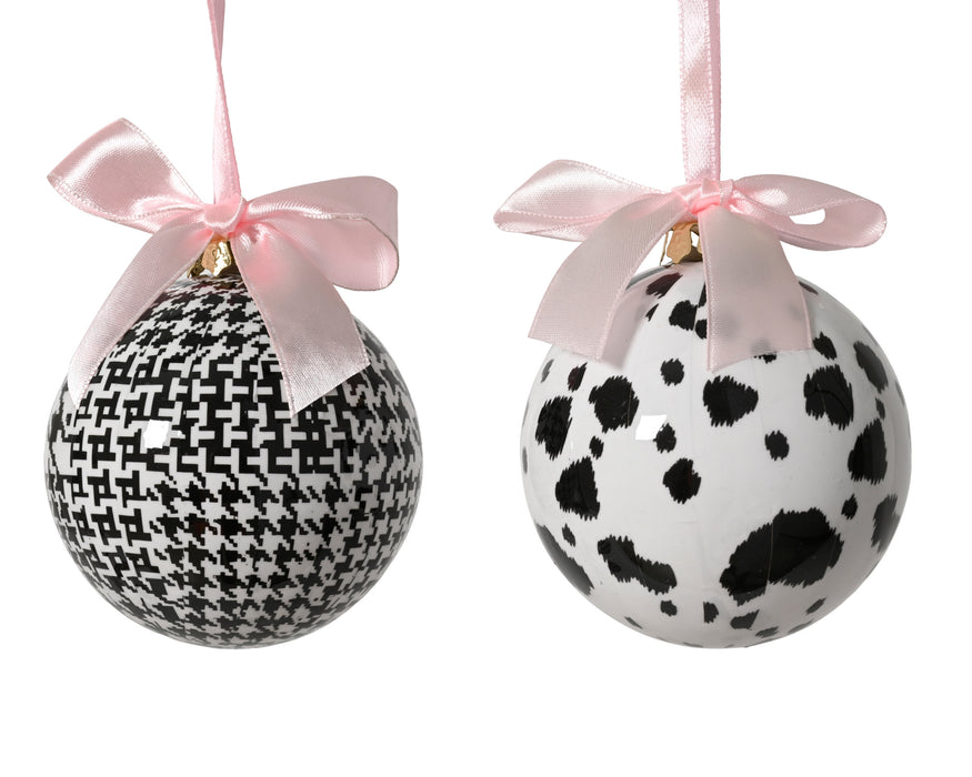 Orn Ball Black & White Checkered/Blobs with Pink Bow