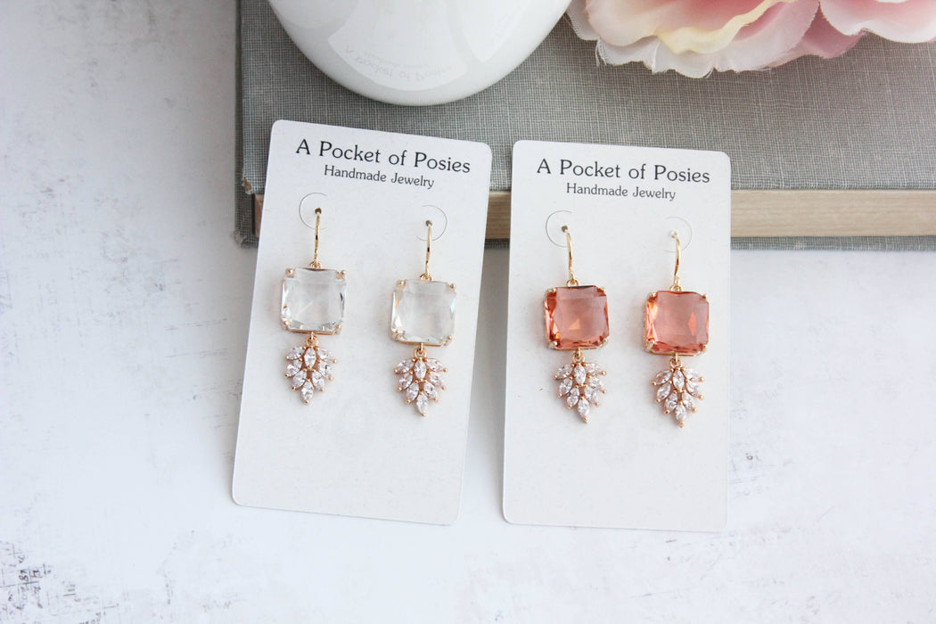 Art Deco Earrings | Square Jewel with Glass Leaf Drop