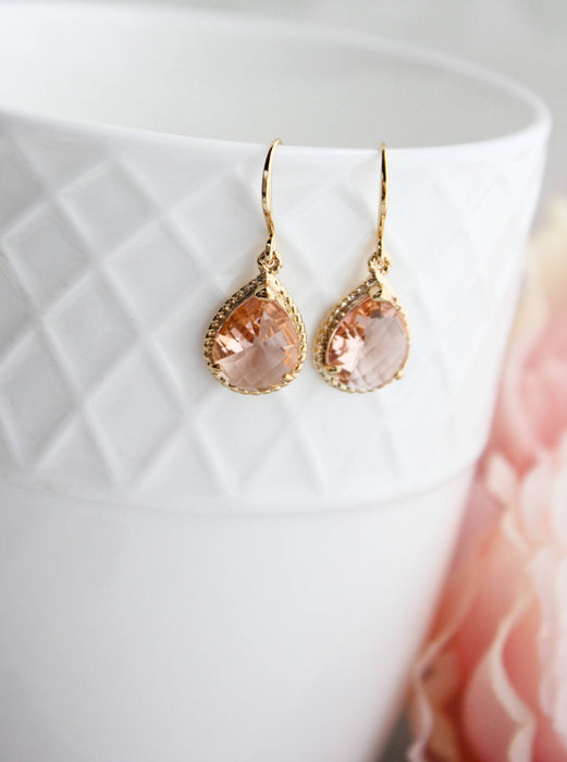 Glass Pear Drop Earrings - gold rope setting - Peach Blush