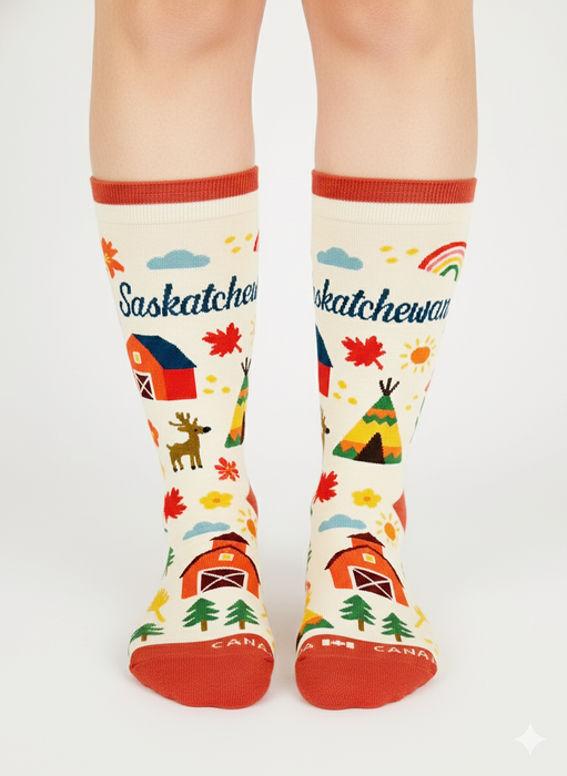 Saskatchewan Canada Crew Socks, Prairie Farm Graphic Travel Souvenir Socks