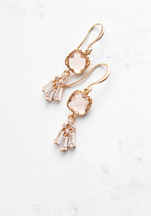 Art Deco Fan Earrings | Sparkling Glass | Peach Blush