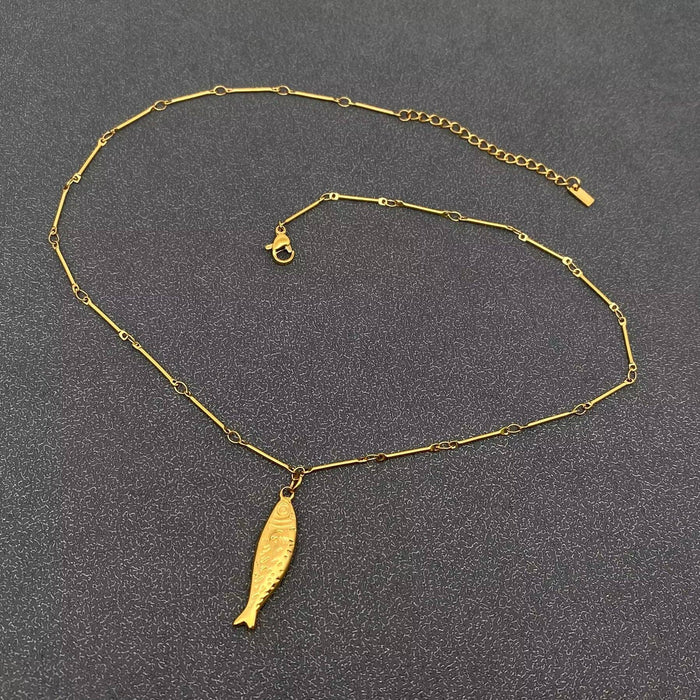 18K Gold Plated Stainless Steel Fish Charm Necklace - FGS