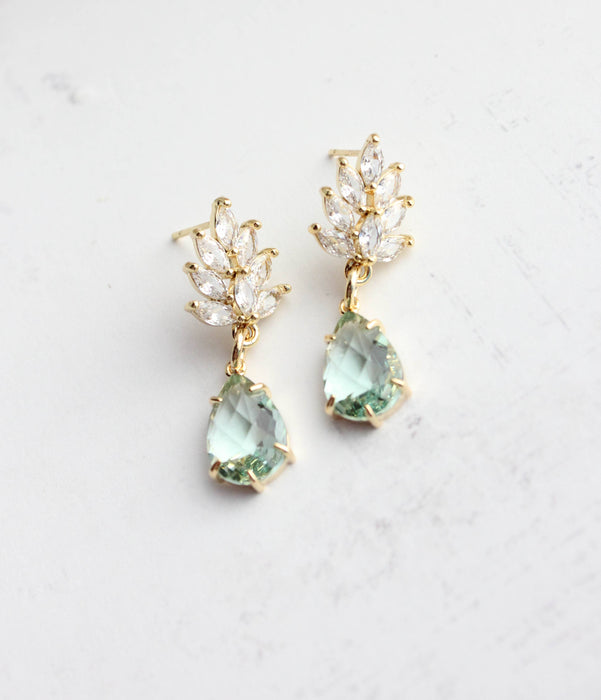 Glass Leaf Earrings | Rhinestone Studs | Gold