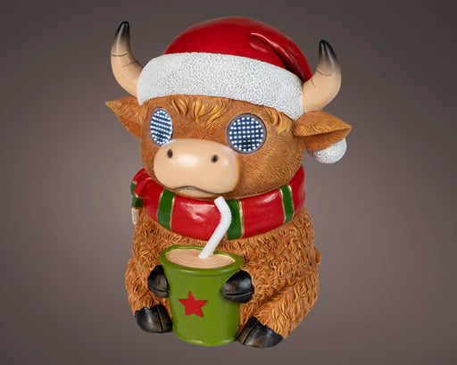 Highland Cow with Santa Hat LED 29 cm
