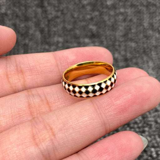 Enamel Black and White Grid 18K Gold Plated SS Ring - FGS