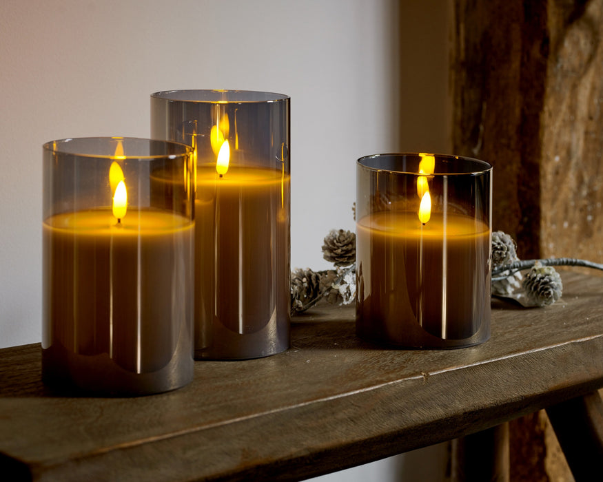 Candles Set of 3 LED Glass Smokey Grey