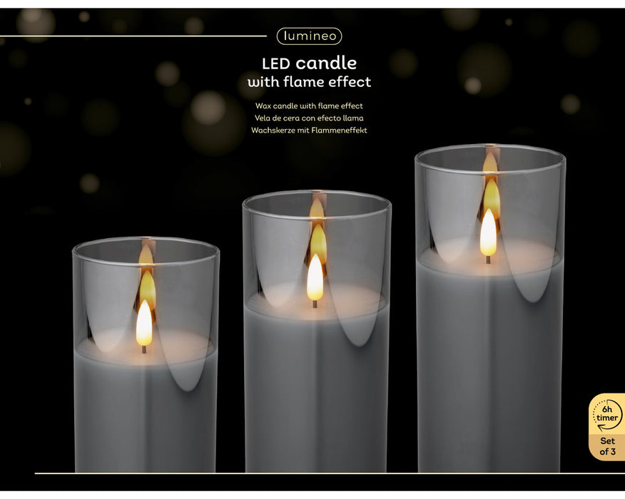 Candles Set of 3 LED Glass Smokey Grey