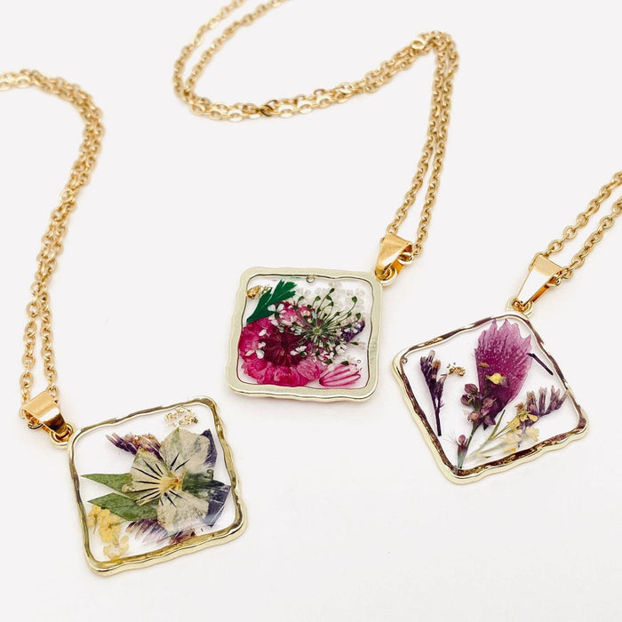 Floral Square Pendant Pressed Dried Flowers Necklace