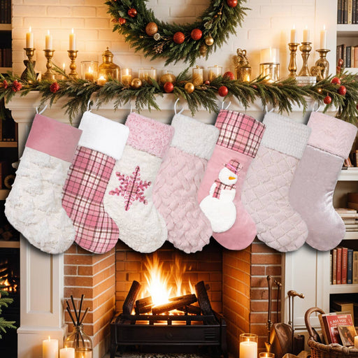 Pink Tones Embroidered Fuzzy Christmas Stockings