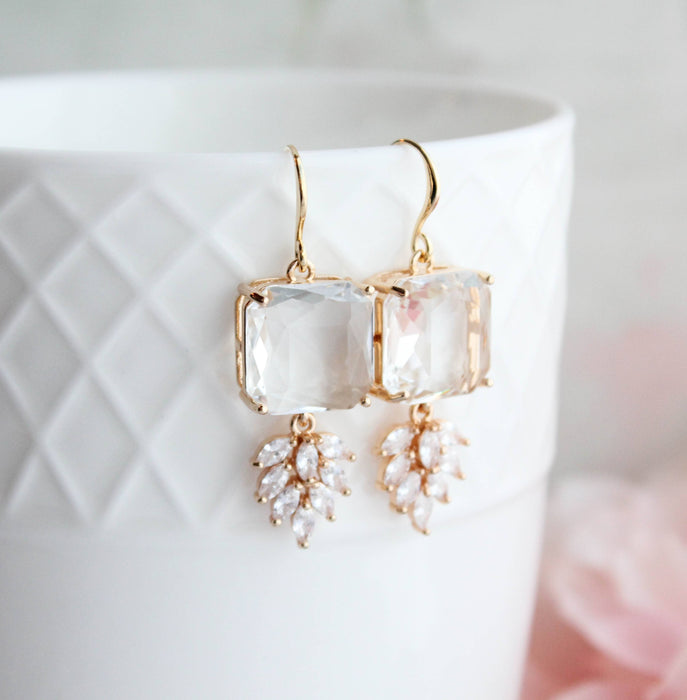 Art Deco Earrings | Square Jewel with Glass Leaf Drop