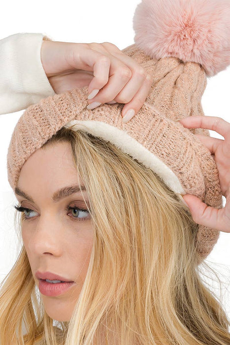 Variegated Cable Knitted Fuzzy Fleece Lined Beanie