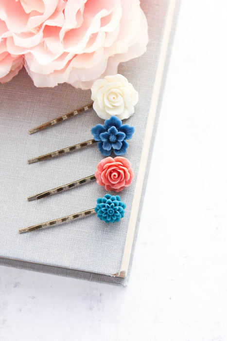 Flower Bobby Pins | Blue and Coral | Flowers for Hair