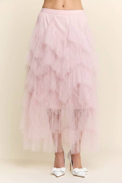 TIERED TULLE MESH MAXI-MIDI SKIRT