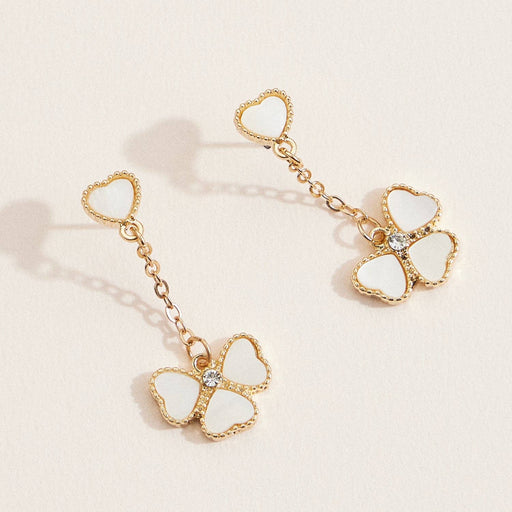 Gold Clover Mother of Pearl & Crystal Dangle Earrings