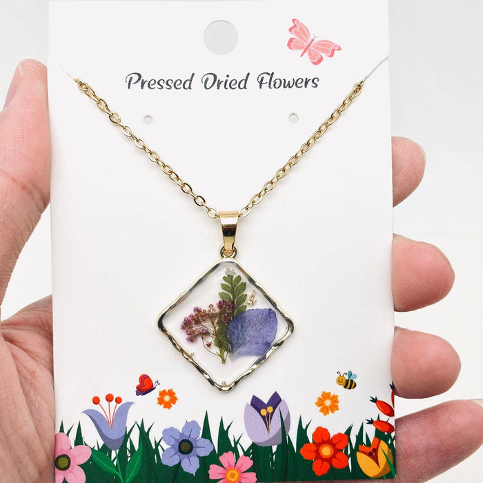 Floral Square Pendant Pressed Dried Flowers Necklace
