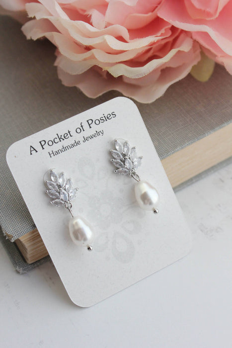 Glass Leaf Post Earrings - Pearl Drop