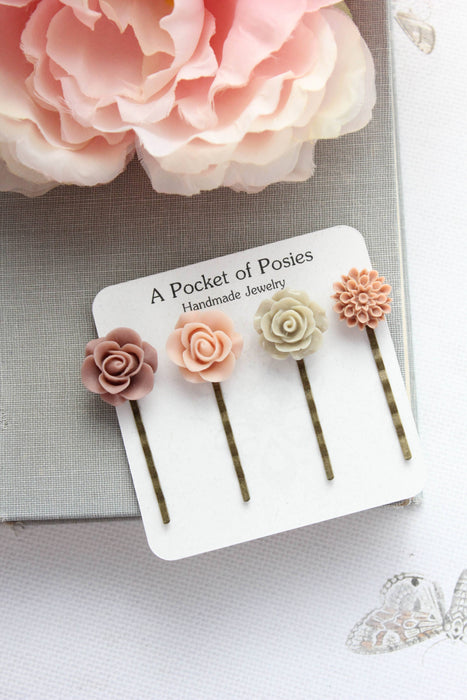 Floral Bobby Pins | Dusty Rose and Blush Pink | Flower Clips
