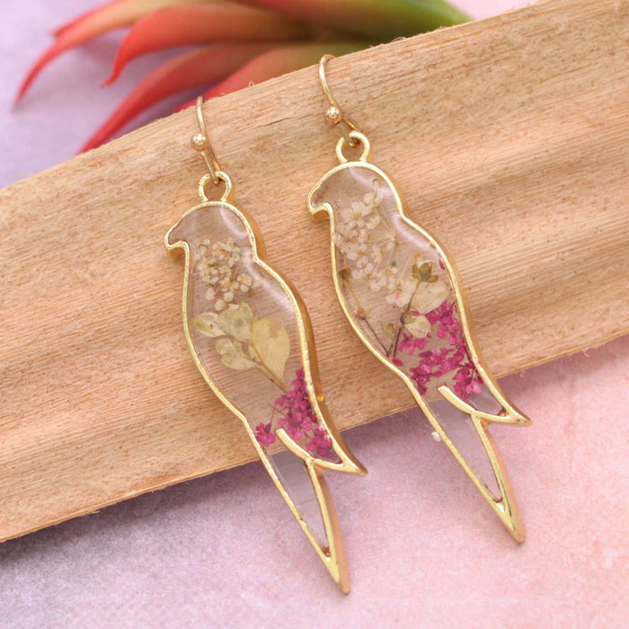 Gold Tropical Parrot Dried Flower Earrings