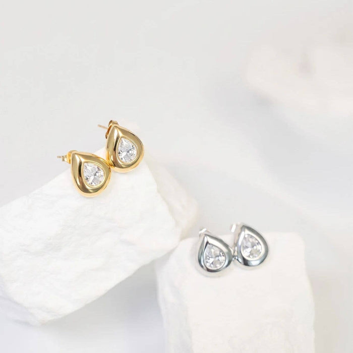 18K Gold Stainless Steel Clear Stone Tear Drop Stud Earrings