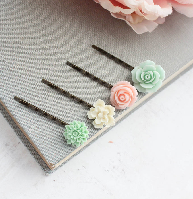 Flower Bobby Pins | Pastel Pink and Mint | Floral Hair Pins