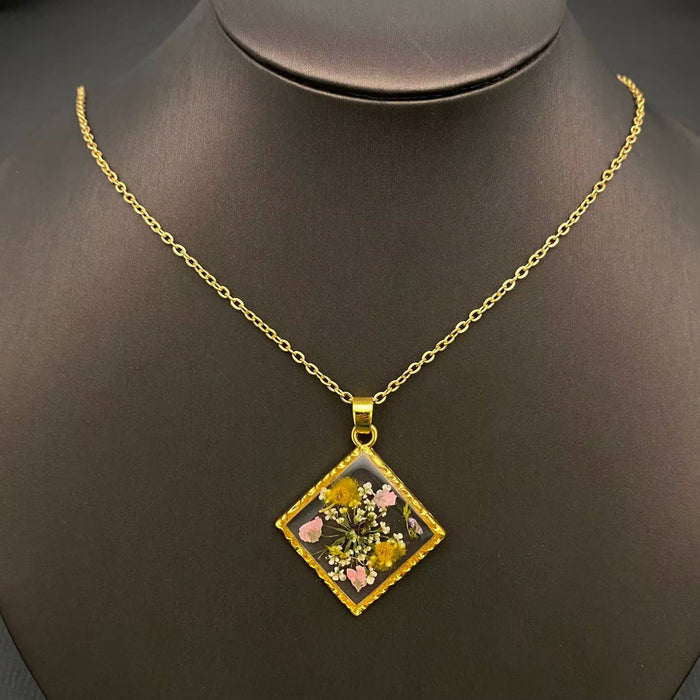 Dried Flower Rhombus Charm 18K Gold Plated Necklace