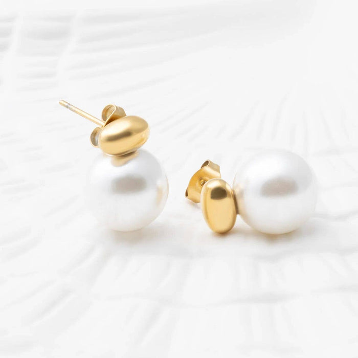 18K Gold PVD Stainless Steel 12mm glass Pearl Stud Earrings