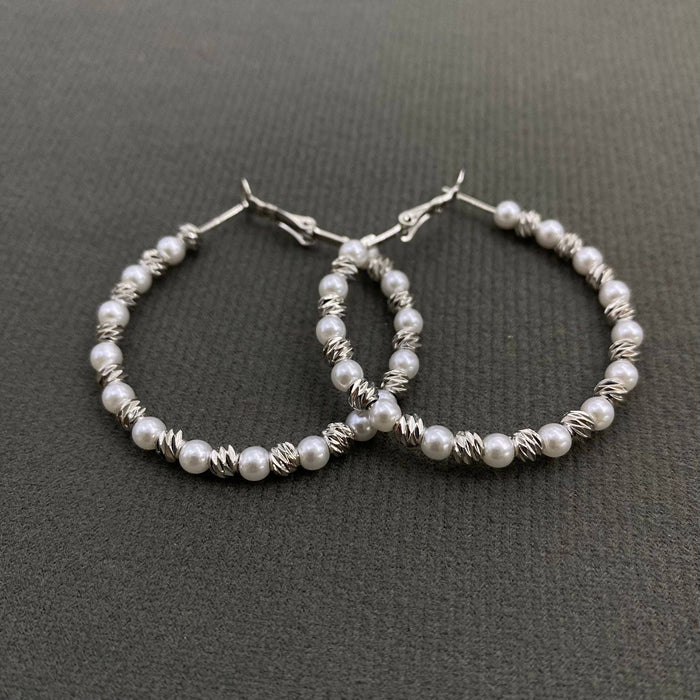 Pearl Metal Beaded Hoop Earrings