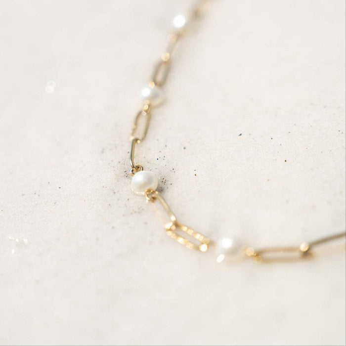 18K Gold PVD Steel Station Pearl Paperclip Chain Bracelet