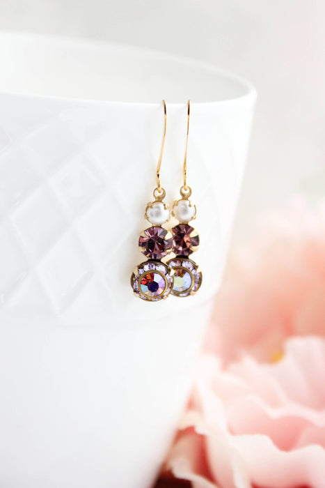 Vintage Glass Earrings -Three Jewel - Violet Purple