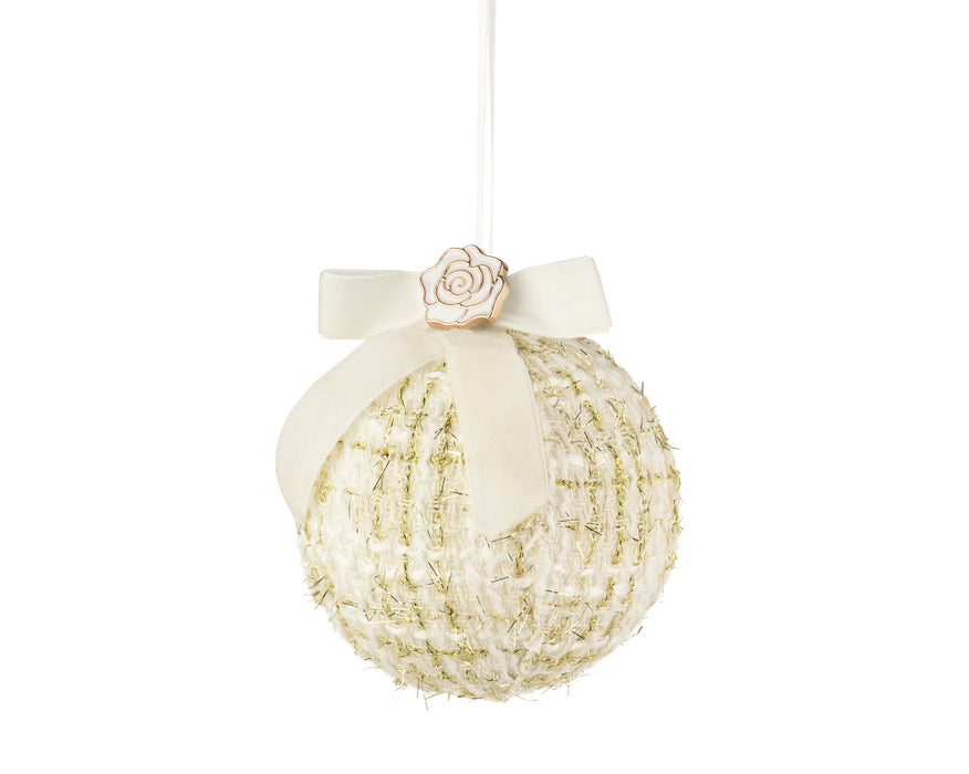 Orn Ball White/Gold with Bow & Rose