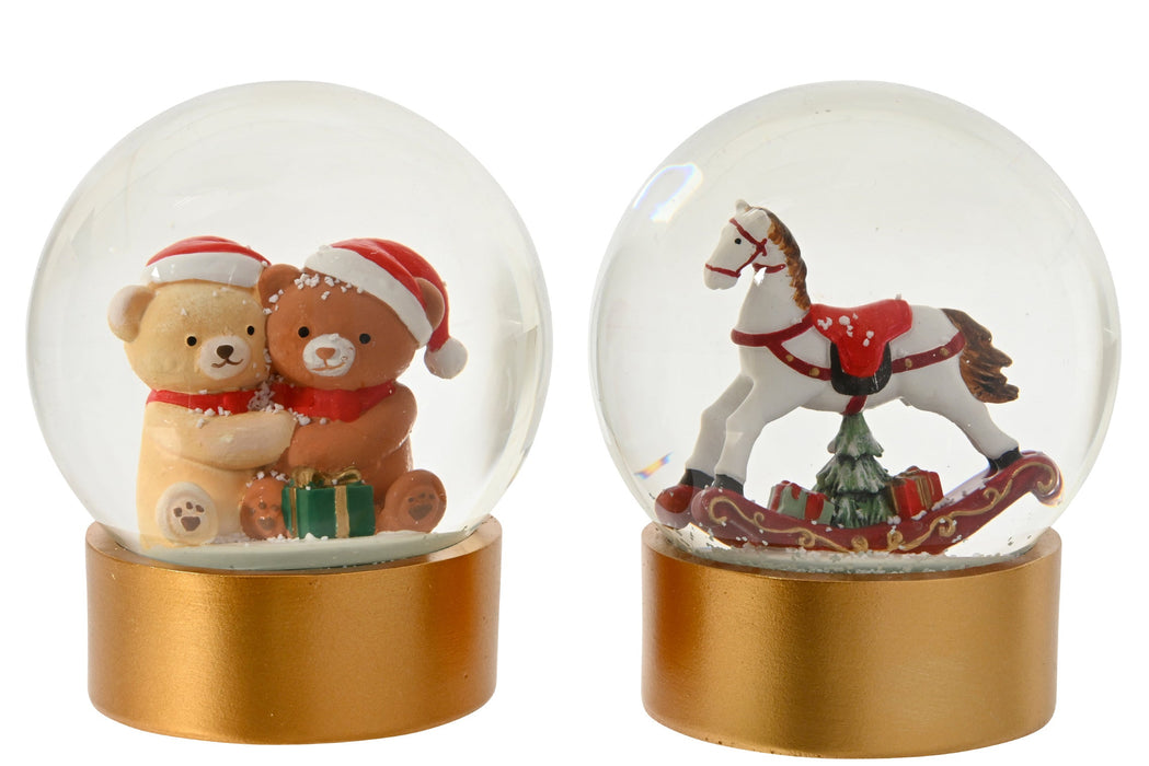 Snowglobe Rocking Horse/2 Teddies Gold 13 cm