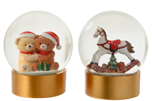 Snowglobe Rocking Horse/2 Teddies Gold 13 cm