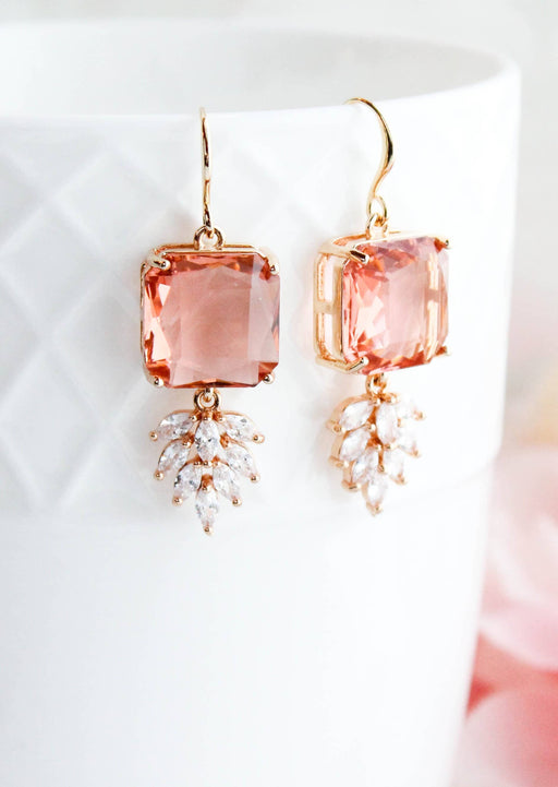 Art Deco Earrings | Square Jewel with Glass Leaf Drop