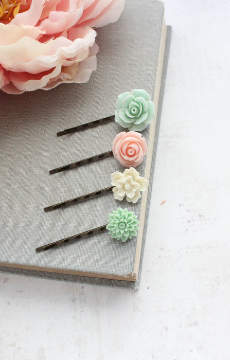 Flower Bobby Pins | Pastel Pink and Mint | Floral Hair Pins