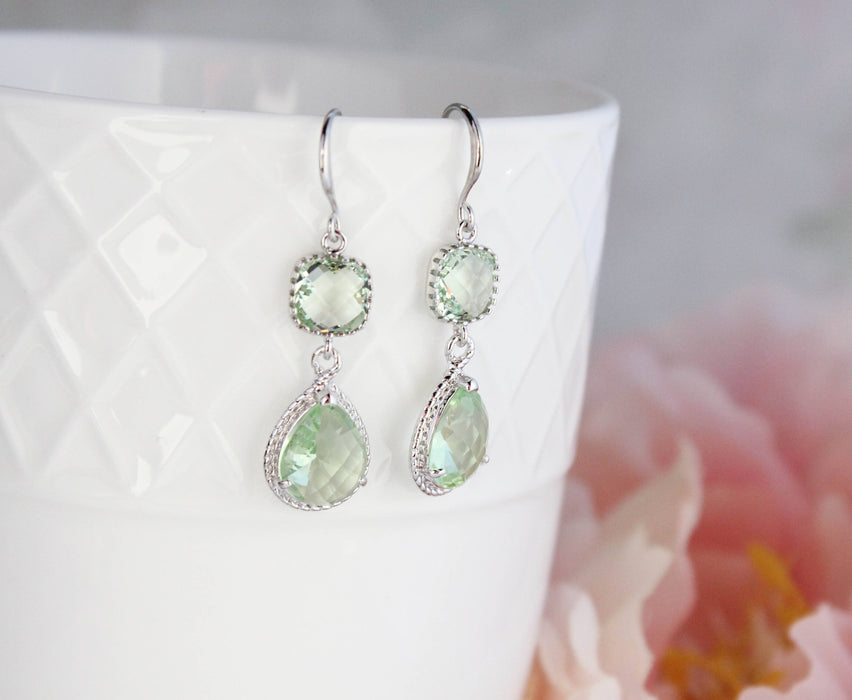 Light Green Glass Dangle Earrings | Two Jewel Teardrop